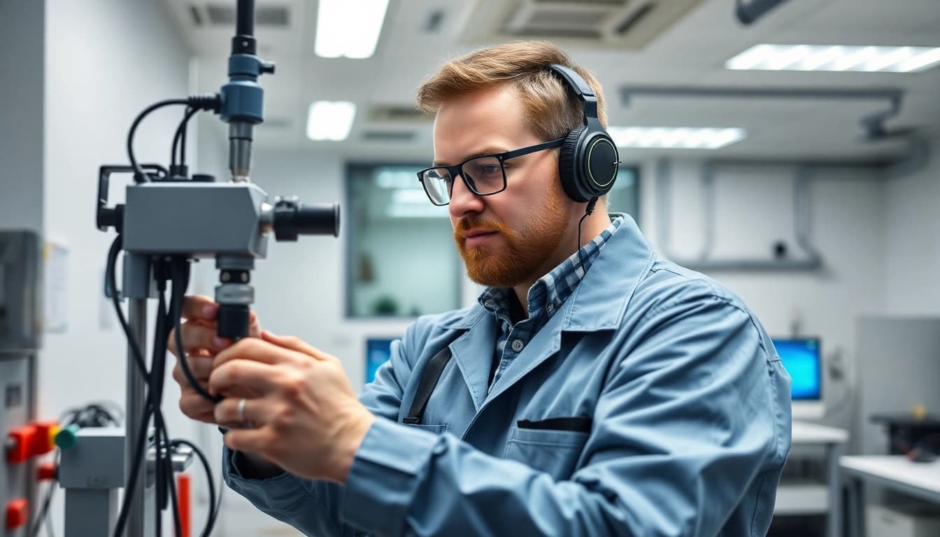Techniker bei der Prüfung ortsveränderlicher elektrischer Betriebsmittel zur Gewährleistung der Sicherheit und Funktionalität.