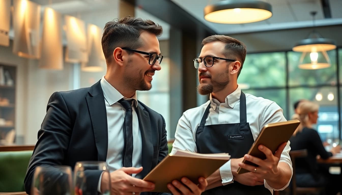 Headhunter Gastronomie berät einen Betriebsleiter in einem eleganten Restaurant, um neue Talente zu finden.