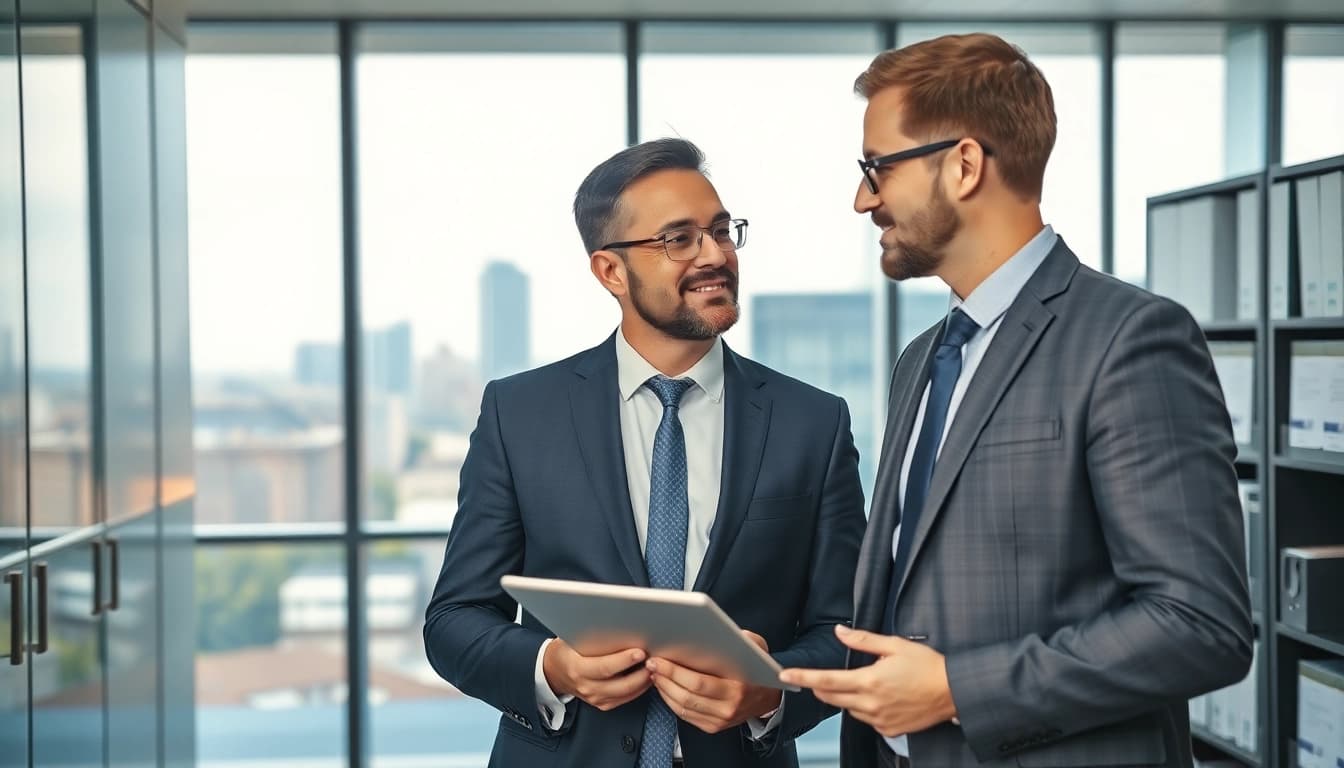 Headhunter Pflegekräfte im Gespräch mit einem Kandidaten in einem modernen Büro, zeigt Professionalität und Expertise.