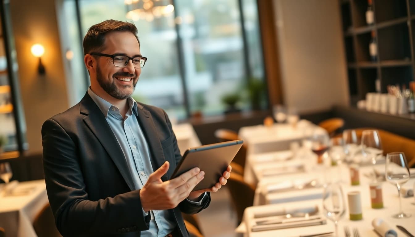 Headhunter Gastronomie in einem eleganten Restaurant, lächelnd mit Bewerberprofilen.
