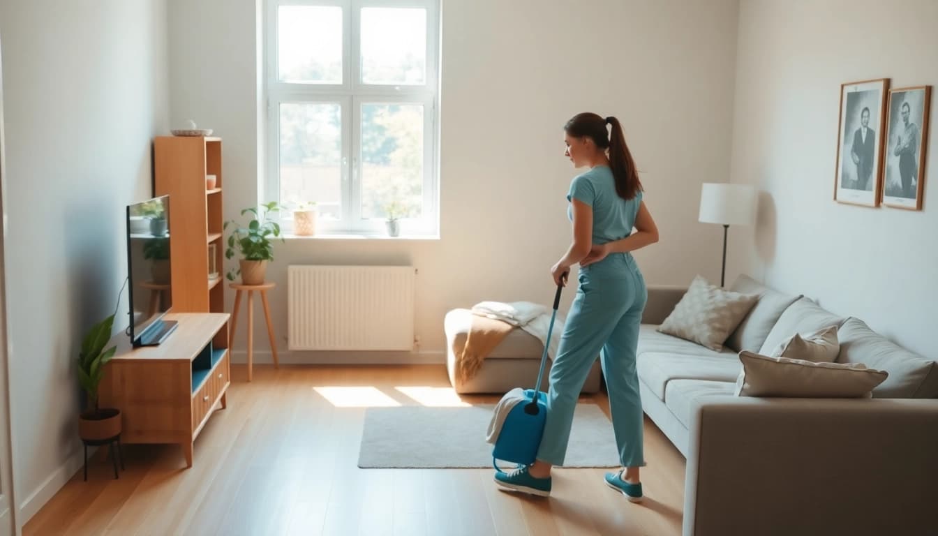 Hauswirtschaftskraft in Hameln cleaning a bright, organized living space with a warm atmosphere.