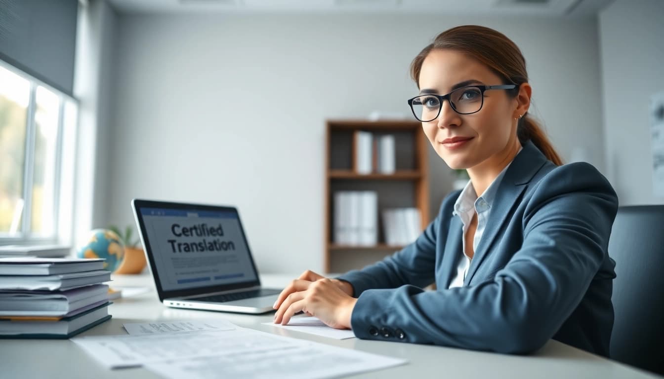 beeidigter Übersetzer arbeitet fleißig in einem professionellen Büro, mit juristischen Dokumenten und Übersetzungswerkzeugen