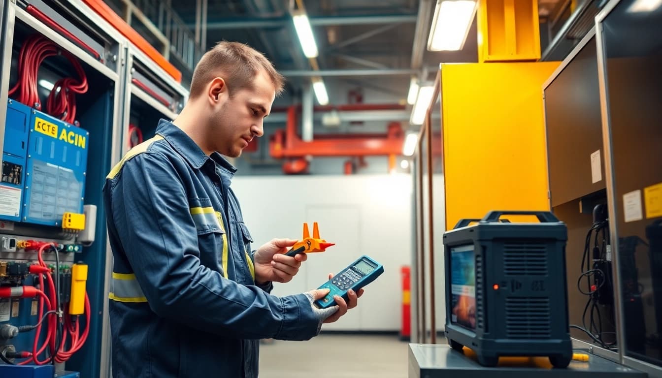 Technician conducting a Prüfung ortsveränderlicher elektrischer Betriebsmittel on portable electrical devices in an industrial environment.