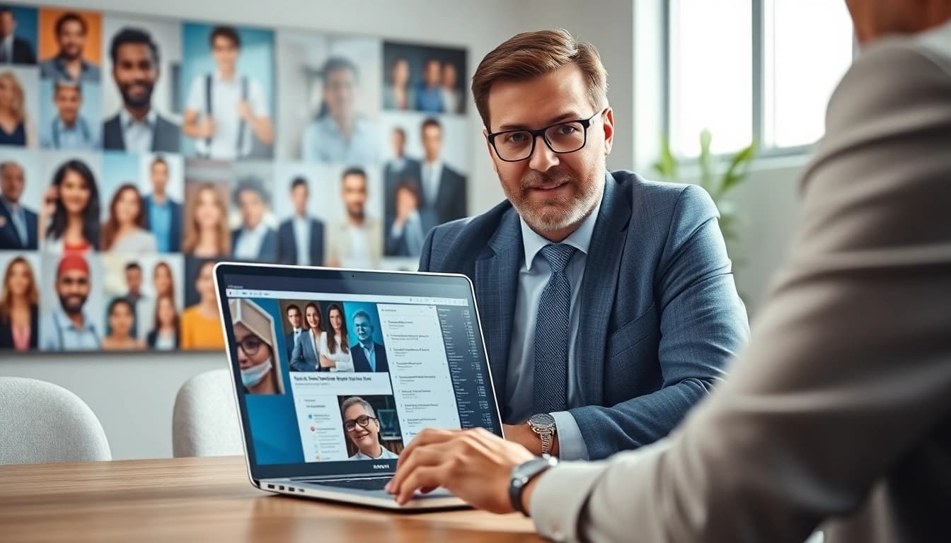 Headhunter IT discussing job listings with a client in a modern office.