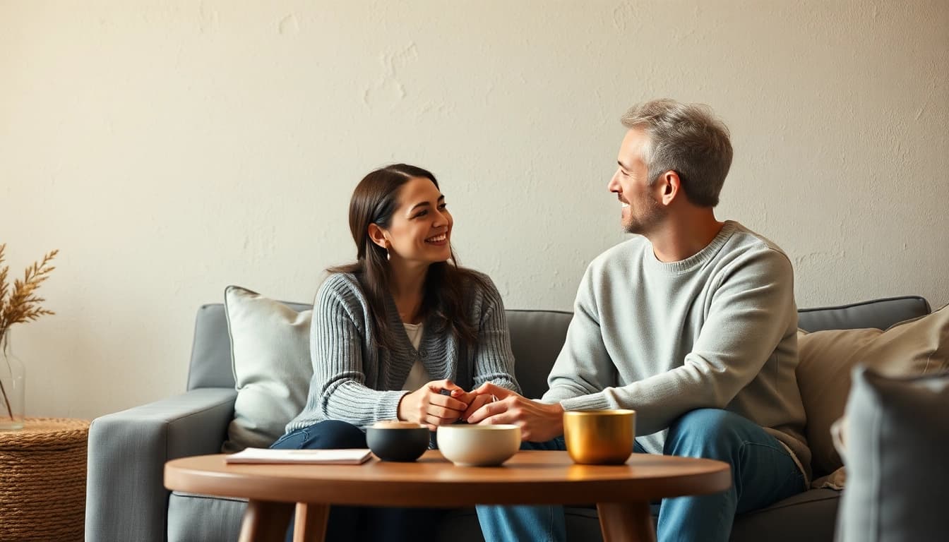 Engaged couple engaging in a meaningful discussion during a premarital preparation course.