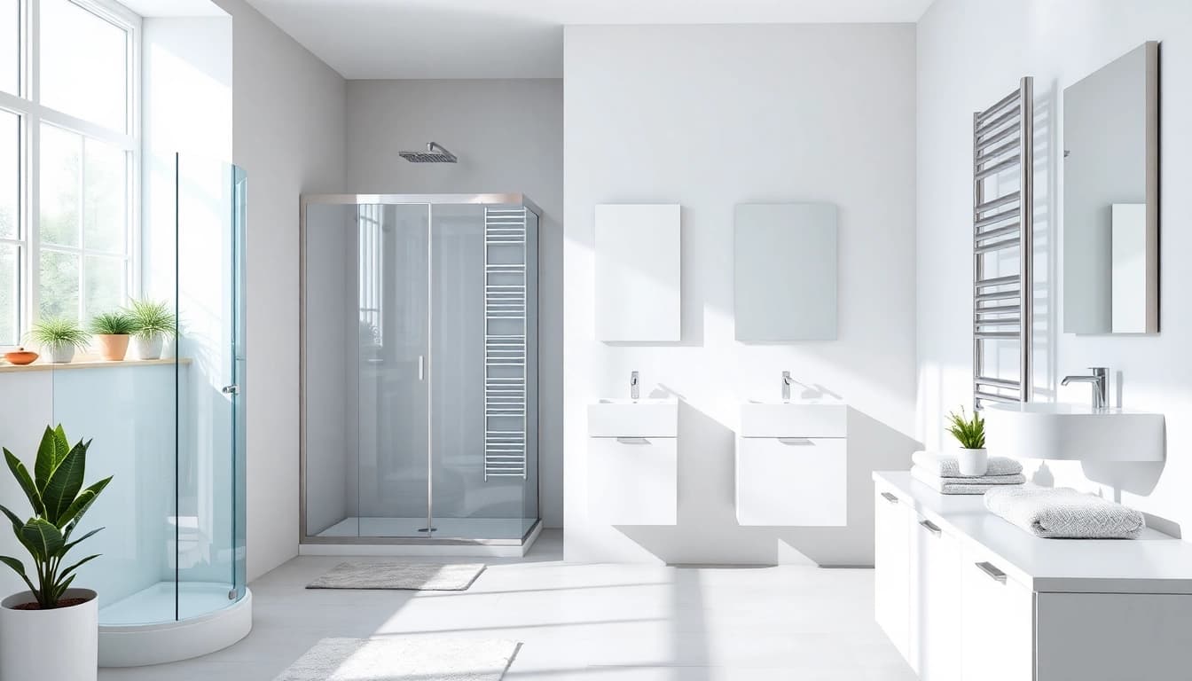 Entdecken Sie stilvolle sonni sanitär Produkte in einem modernen Badezimmer mit eleganten Duschen und Spiegeln.