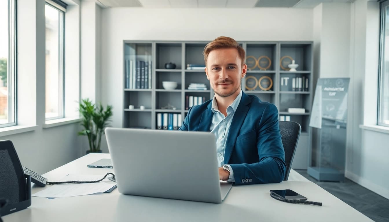 Headhunter IT im modernen Büro: professionell und engagiert, mit Laptop und Notizen für optimale Vermittlungserfolge.