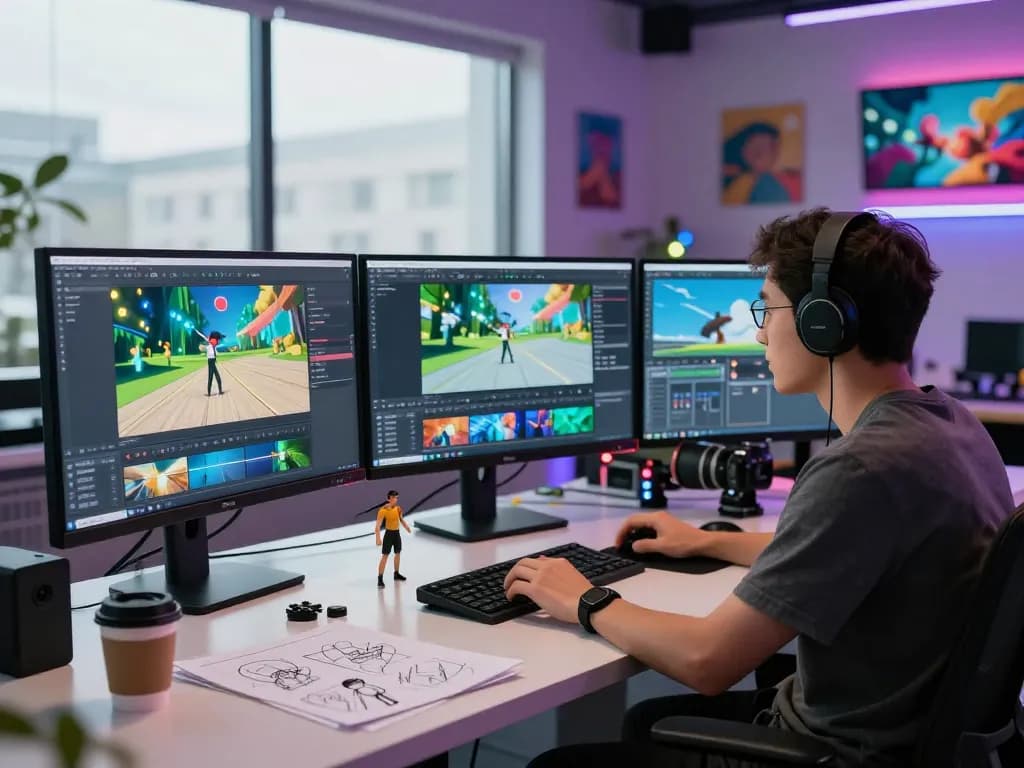 Animator using motion control AI in a studio setting with digital screens and creative tools.
