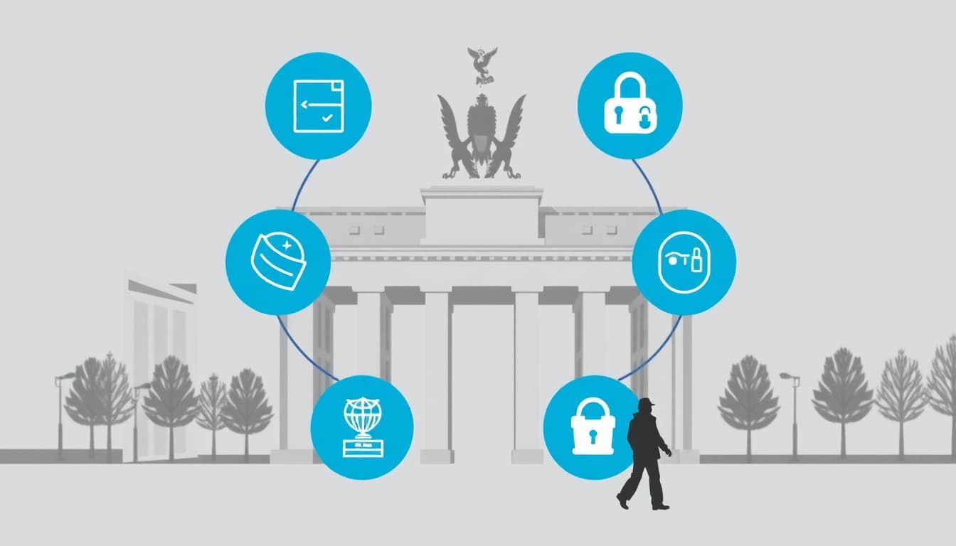 Grafik zur Industriespionage in Berlin mit Symbolen für Datenschutz und Unternehmenssicherheit
