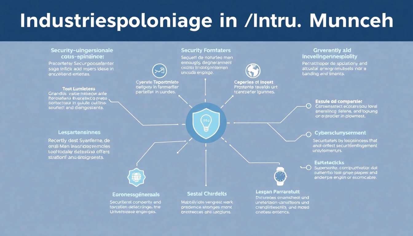 Eine Infografik zur Industriespionage in München, die Sicherheitsstrategien und Präventionsmaßnahmen darstellt.