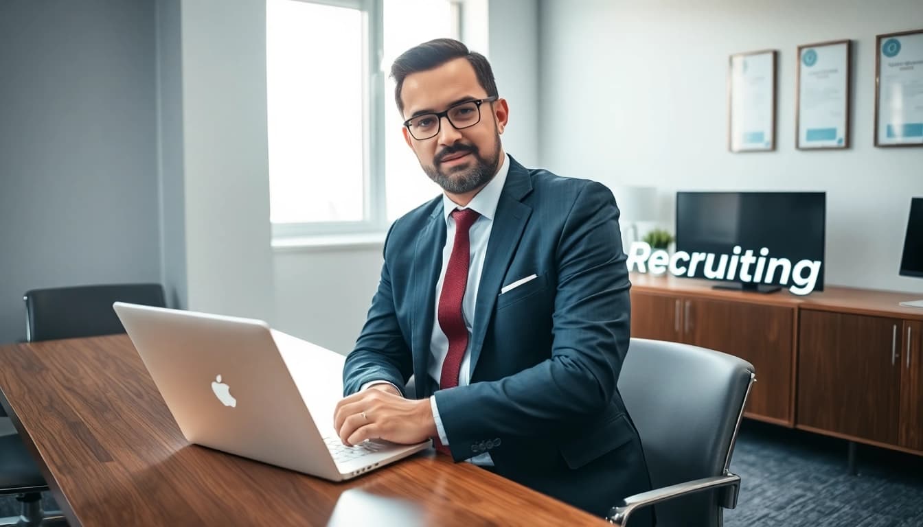Der Headhunter Saarbrücken bei der Beratung in einem modernen Büro, umgeben von qualitativ hochwertigen Büromöbeln und einem Laptop.