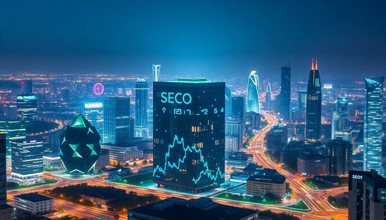 Visualisiere das SEO-Ranking in einer futuristischen Stadtlandschaft mit digitalen Anzeigen.