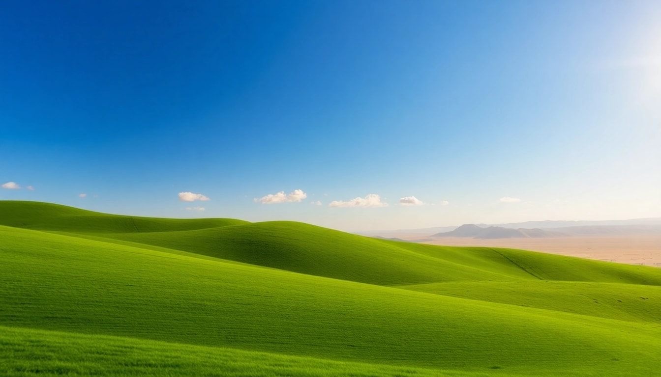 Klima landscape showcasing the contrast between lush greenery and a sunburnt desert under soft morning light.
