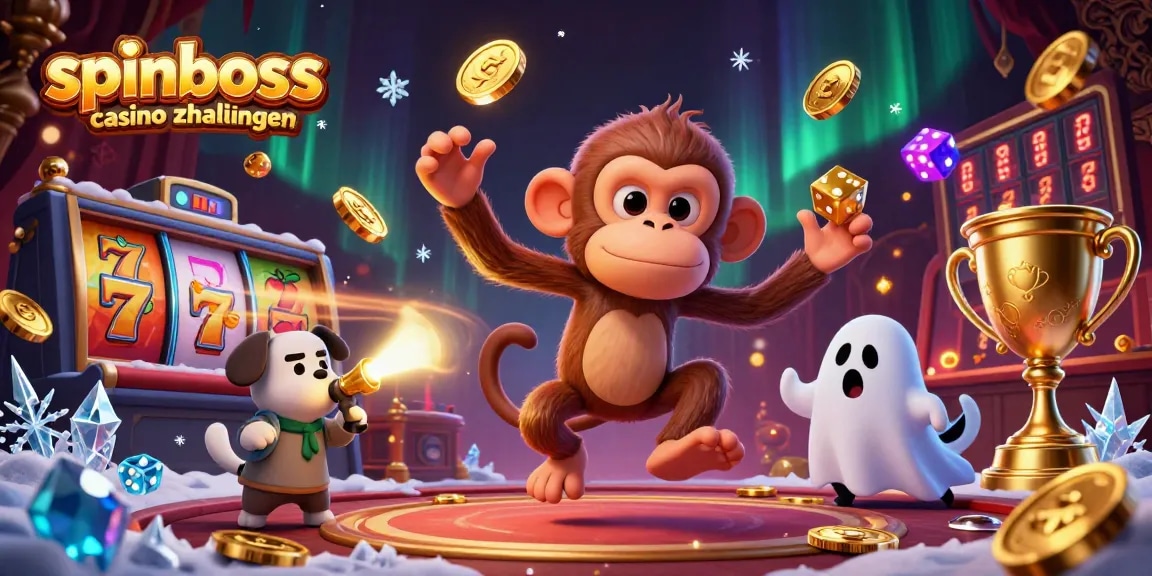 Spinboss Casino Zahlungen: spielerische Aufregung mit einem poltergeistähnlichen Affen und Geisterhund im Casino.