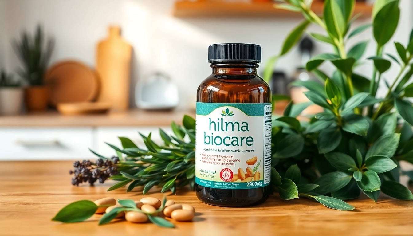 Hochwertige hilma biocare Nahrungsergänzungsmittel auf einem Holztisch, umgeben von Pflanzen.