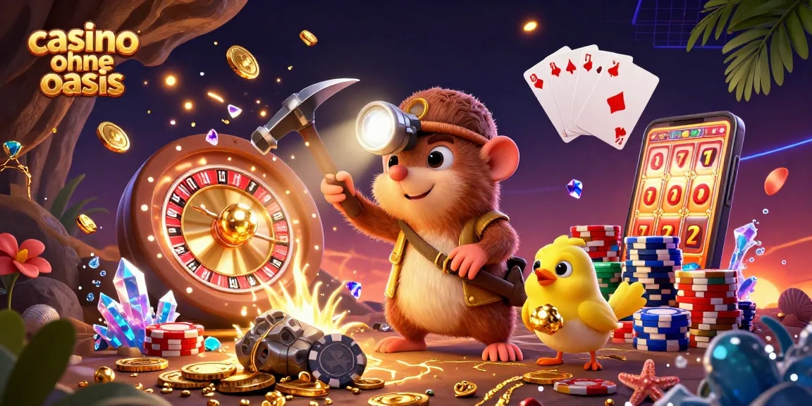 Experience excitement at a casino ohne oasis, featuring a treasure hunter mole amidst cascading golden coins.