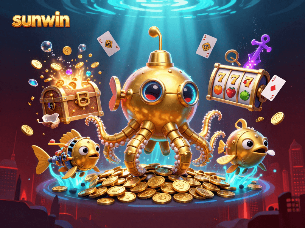 Win big with sunwin as the golden kraken submarine emerges through golden coins and slots.