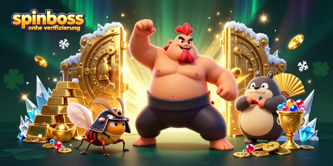 Spinboss ohne Verifizierung: 3D-Illustration mit Sumo-Rooster und kriegerischem Grillen-Charakter