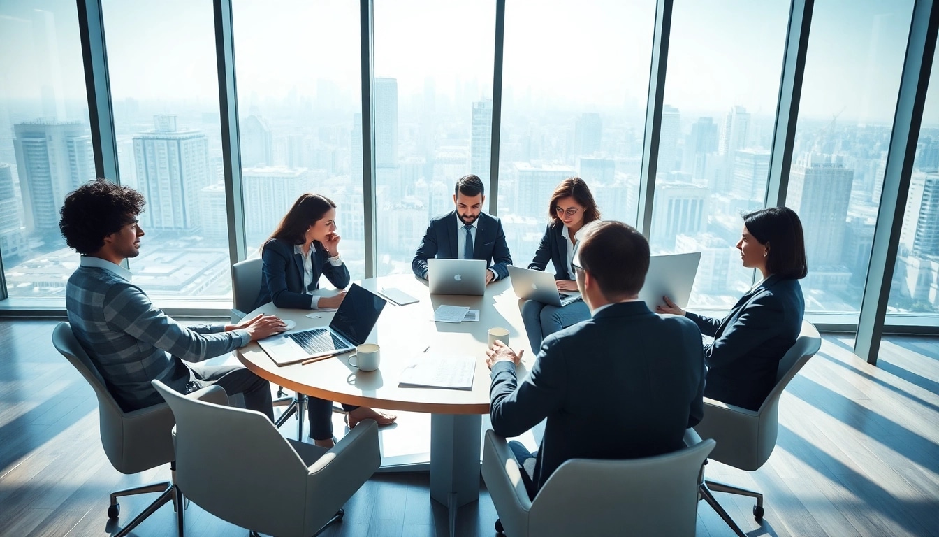 Visualize a collaborative meeting about Headhunter Agentur strategies in a modern office.