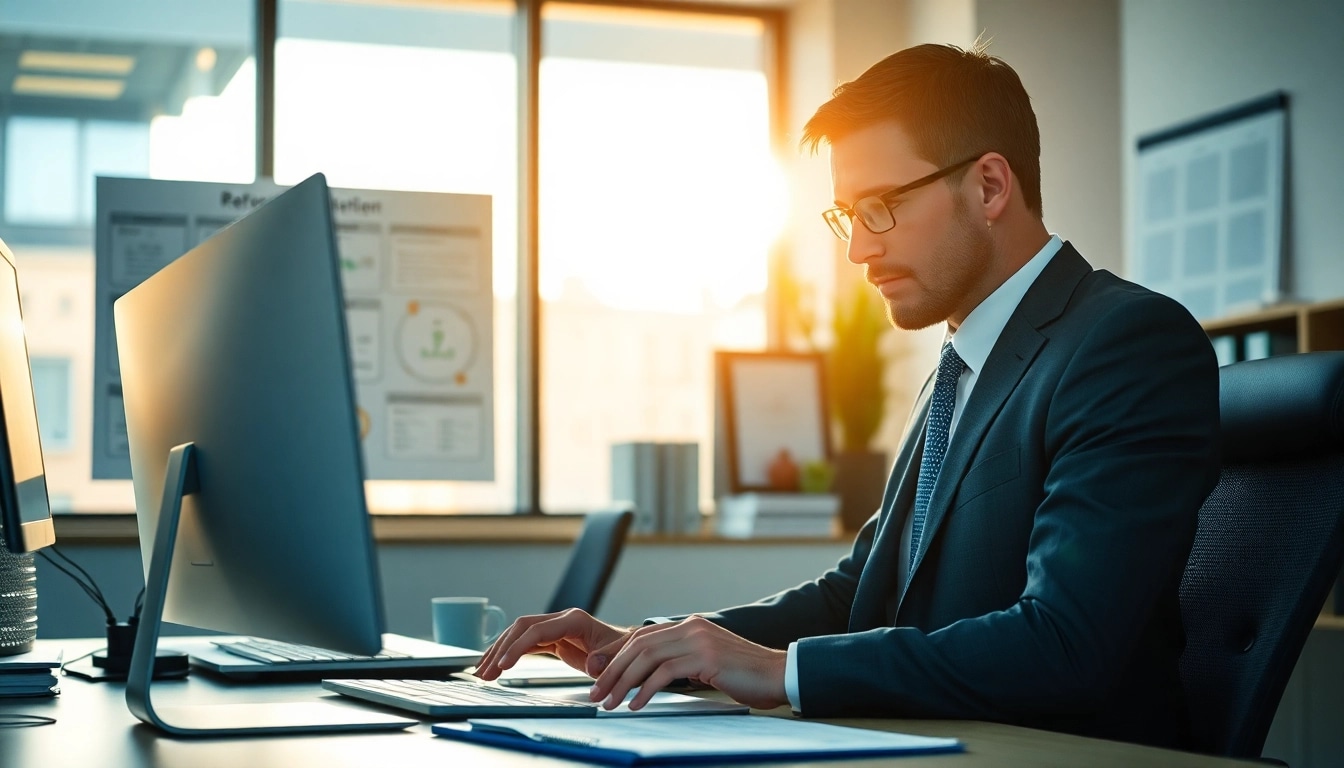 Headhunter arbeitet konzentriert in modernem Büro, umgeben von Unterlagen.