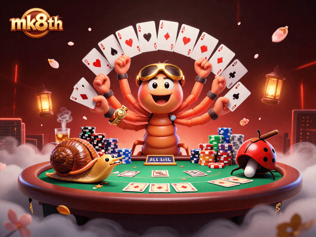 Experience high-stakes gaming with mk8th, where a cartoon millipede dealer presents winning poker hands at a vibrant table.