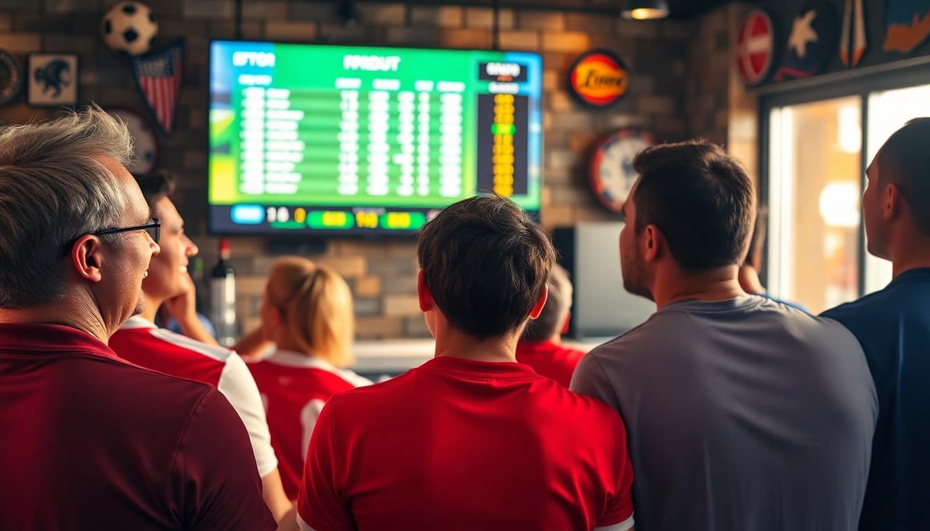 Erleben Sie das sportwetten Flair in einer modernen Sportbar voller Fans, die ihre Wettquoten verfolgen.