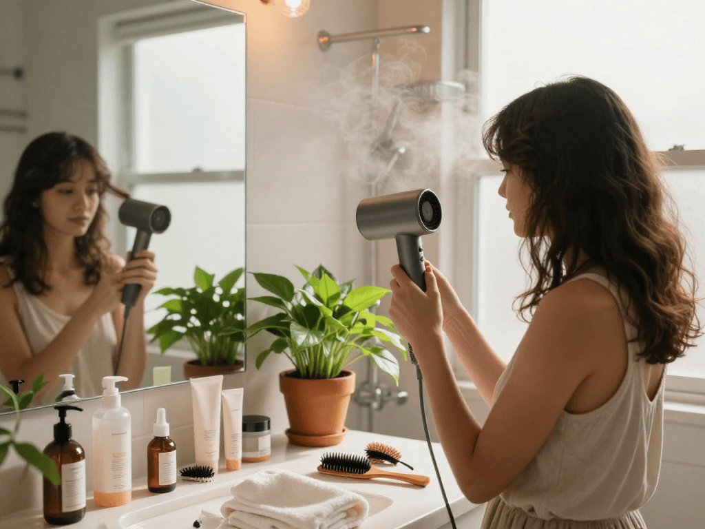 Woman styling hair with a small hair dryer in a cozy bathroom setting, showcasing beauty and self-care.