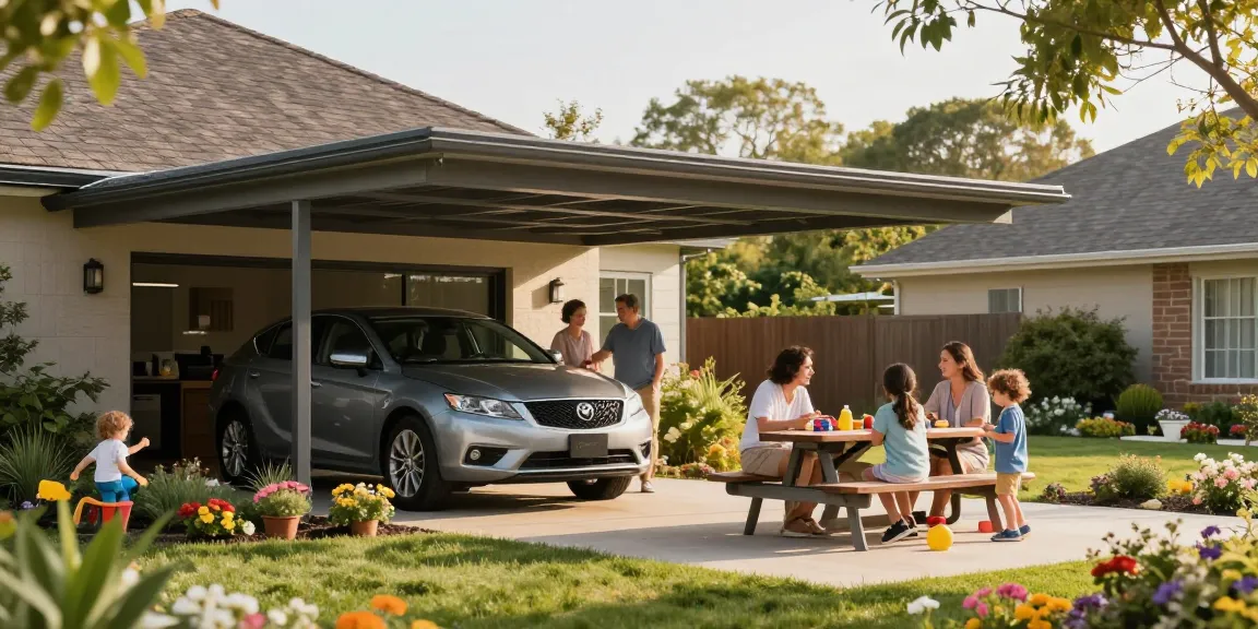 Moderne Carport-Lösung, die Fahrzeuge vor Witterungseinflüssen schützt und eine einladende Atmosphäre für die Familie schafft.