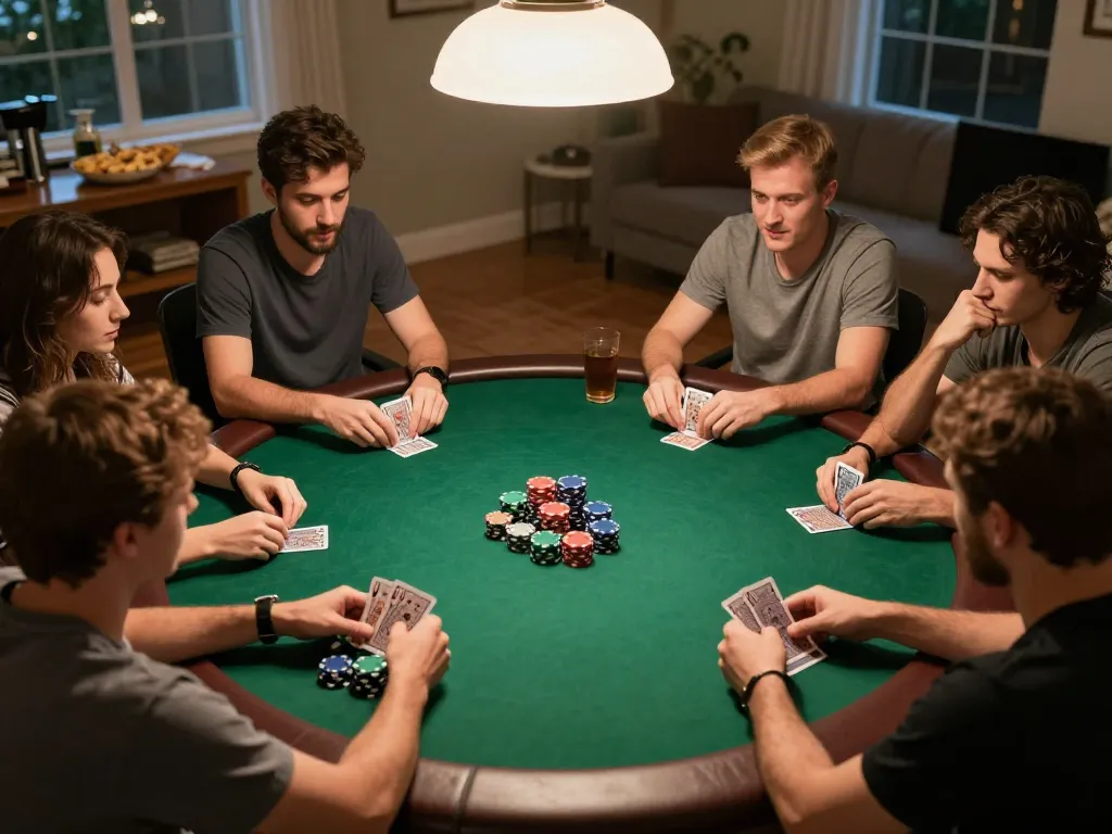 Ansprechende Pokerspiel-Sitzung unter Freunden, die Immobilienmakler Frankfurt Preungesheim in einer geselligen Atmosphäre hervorhebt.