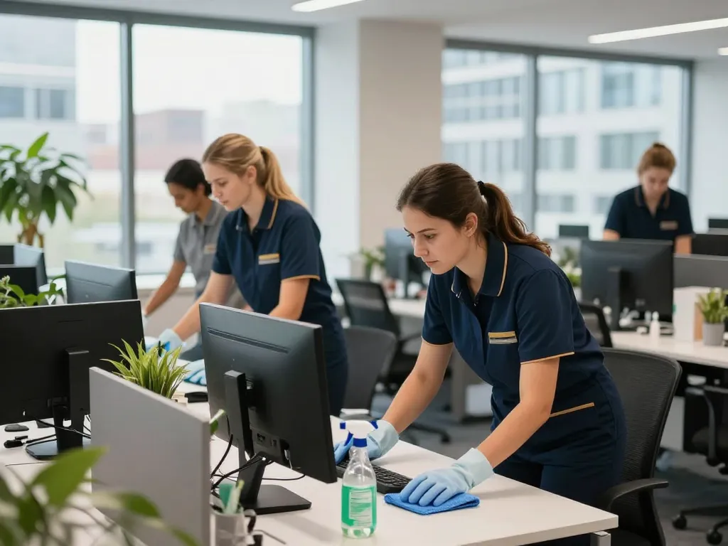 Büroreinigung in Münster mit professionellen Reinigern, die für eine makellose Büroumgebung sorgen, wobei Teamarbeit und Detailgenauigkeit im Vordergrund stehen.