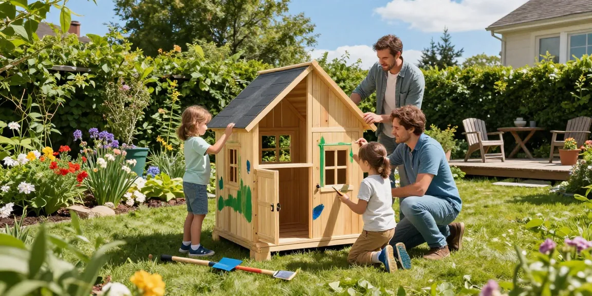 Familie beim Zusammenbauen eines Gartenhaus Holz im sonnigen Garten.