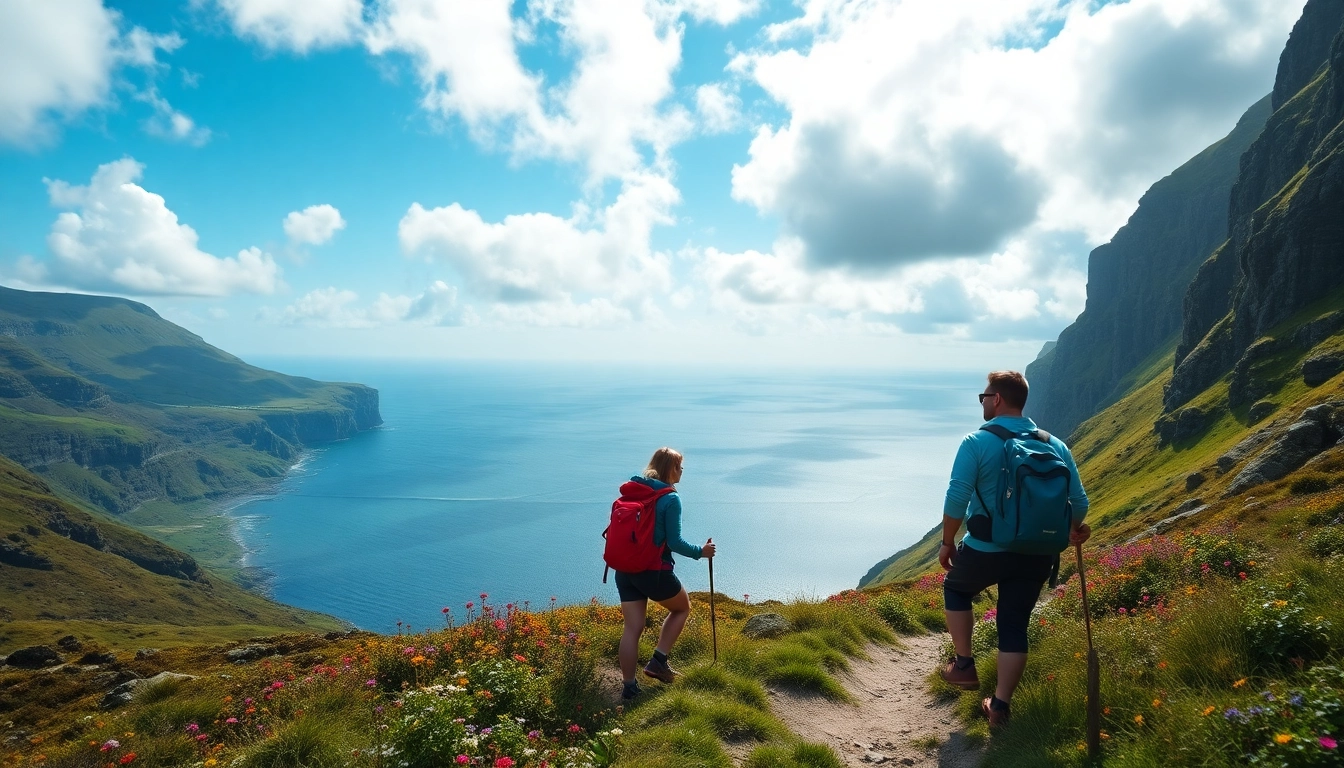 Kerry Way wandern: hikers enjoying a scenic landscape with cliffs and flowers along their trail