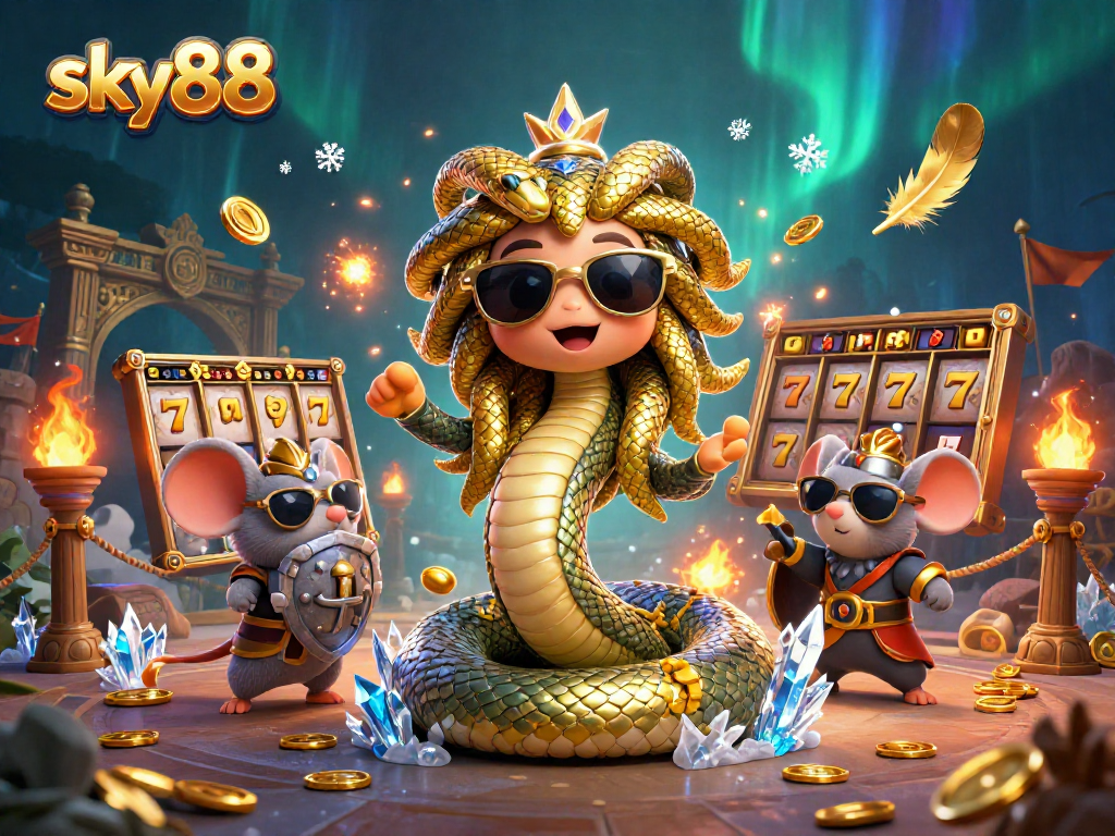 sky88 showcases Medusa and a mouse in a vibrant casino setting with slot elements and energetic graphics.