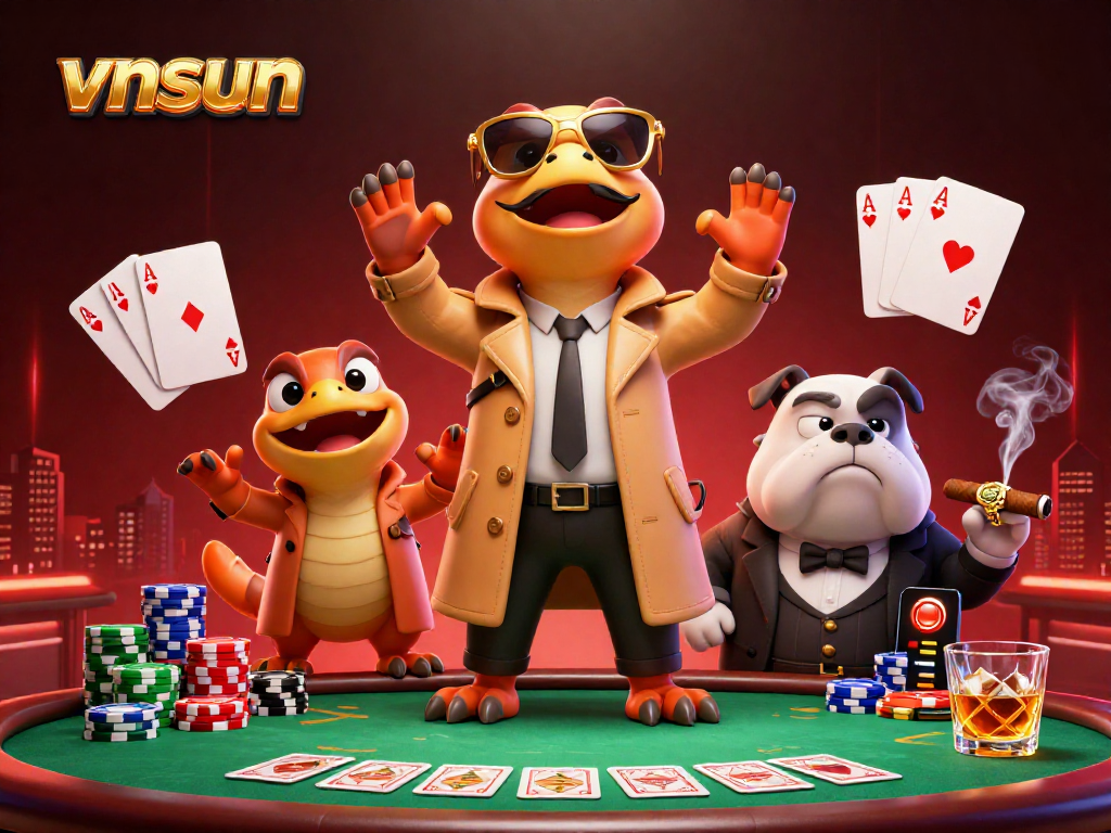 Experience thrilling moments at vnsun casino with raptors playing poker in a vibrant digital scene.