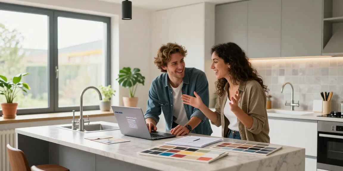 Koppel bespreekt badkamer renovatie kosten met ontwerpsamples in een heldere keuken.