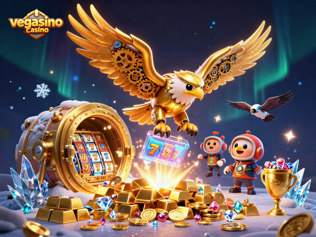 Experience the excitement of vegasino casino with a vibrant 3D illustration of a cybernetic eagle diving through slot reels.