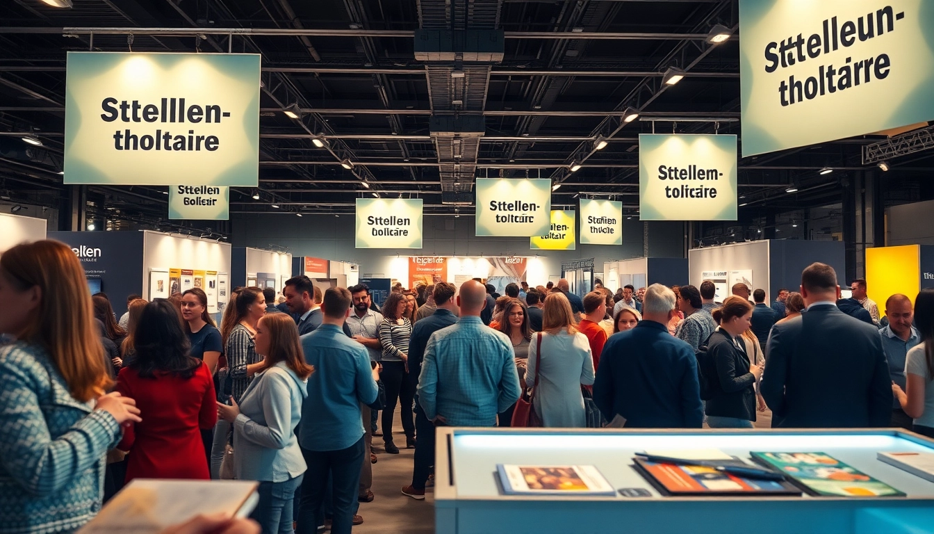 People networking at a job fair featuring Stellenangebote, showcasing diverse professionals and engaging interactions.