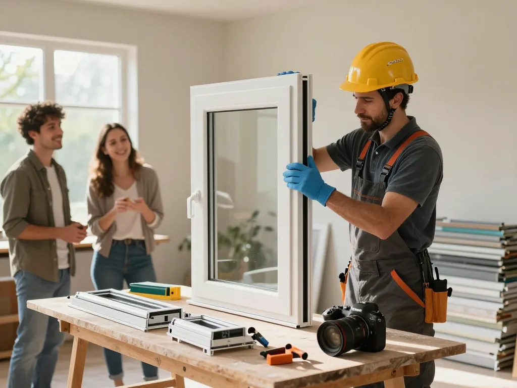 Facharbeiter, der an einem Fensterbau Köln Projekt mit Hausbesitzern arbeitet und hochwertige Fensterinstallation zeigt