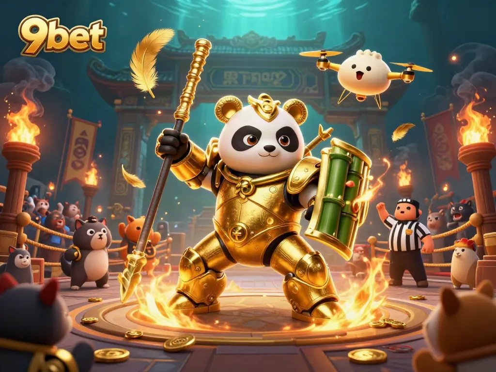 Engage in exciting gameplay at 9bet with a golden panda battling in a vibrant casino arena.