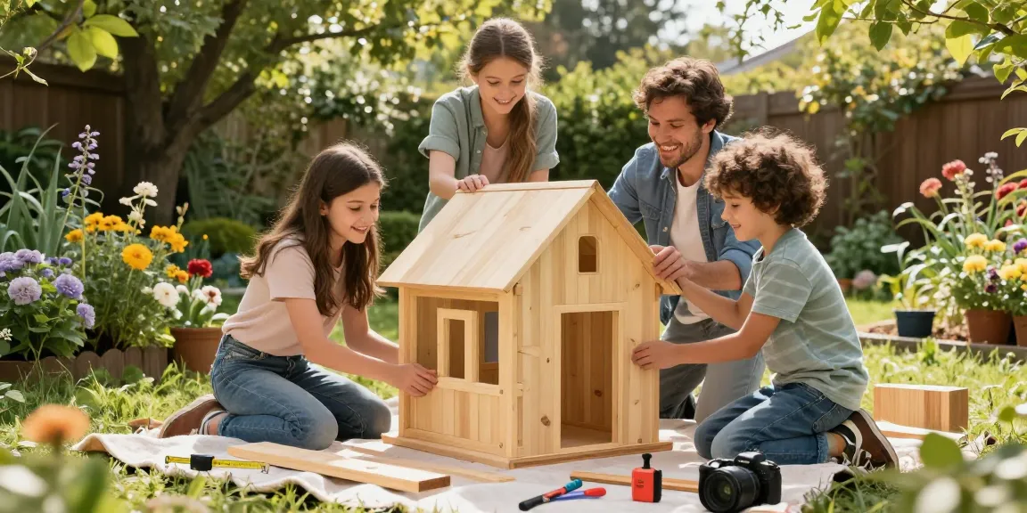 Gartenhaus kaufen: Familie bei der Montage eines Holz-Gartenhauses im Garten.