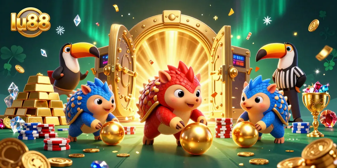 lu88 pangolins bowling through poker chips in an exciting casino scene filled with treasures