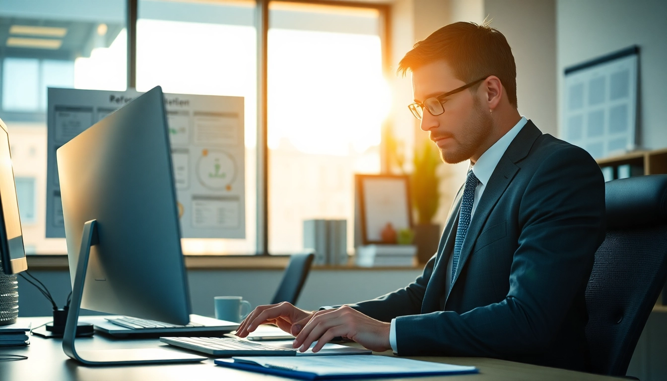 Headhunter arbeitet konzentriert in modernem Büro, umgeben von Unterlagen.