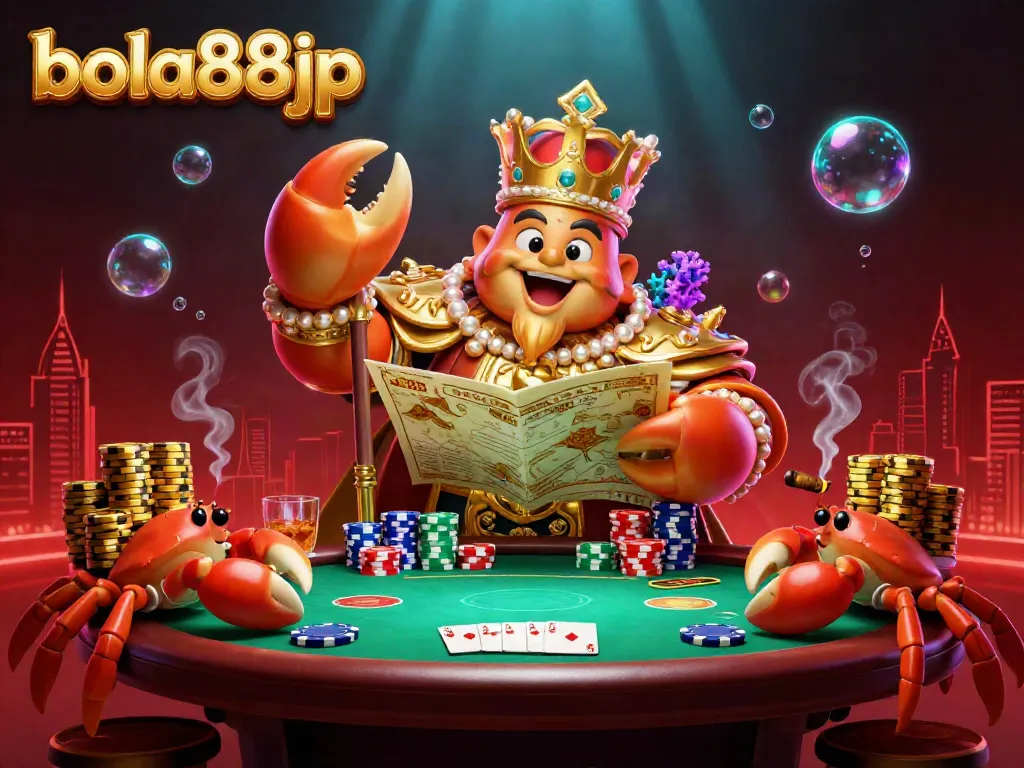 Engage with the vibrant casino world of bola88jp featuring a golden crab emperor and poker elements.