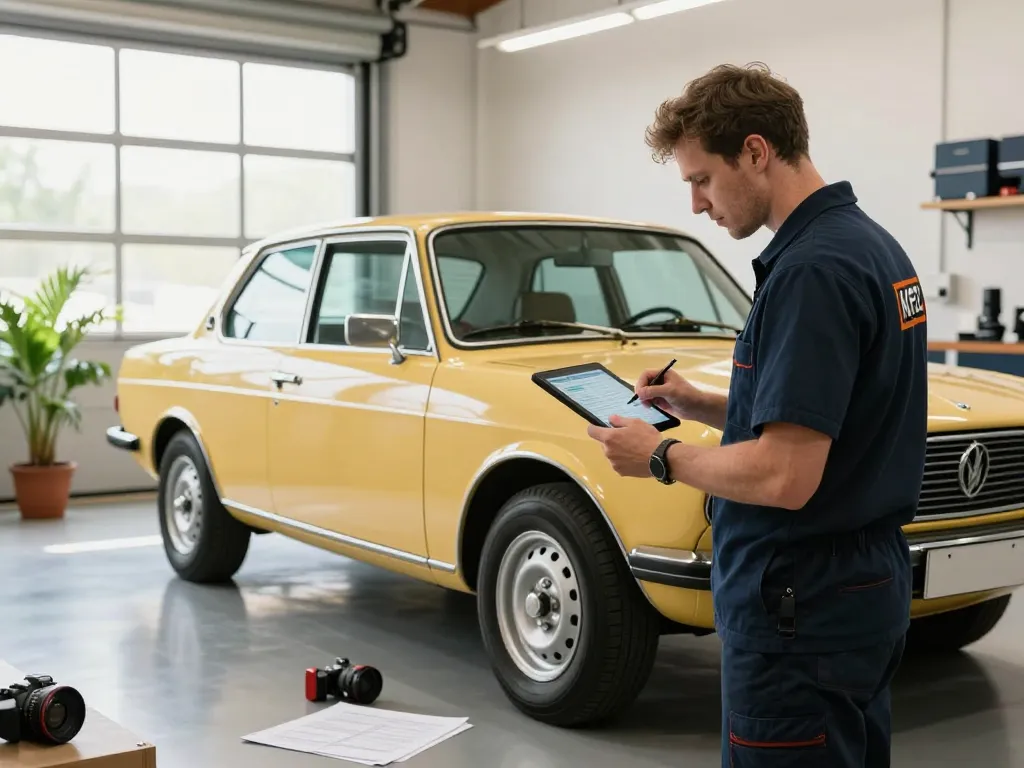 Kfz Gutachter Düren bewertet einen Oldtimer in einer professionellen Garagenumgebung und demonstriert Fachwissen sowie Liebe zum Detail.
