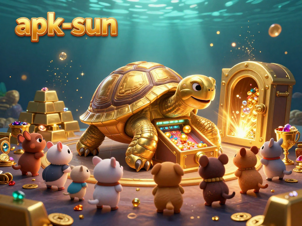 Engage with apk-sun's 3D casino scene of a colossal tortoise pinball, bright gems, and gold treasures!