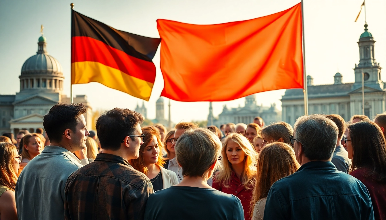 Diskutierende Menschen umgeben von Symbolen der Politik Nachrichten Deutschland, die Vielfalt und Engagement zeigen.