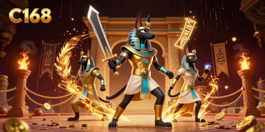 C168 showcases an Egyptian warrior and priestess in a vibrant casino setting, surrounded by golden coins.