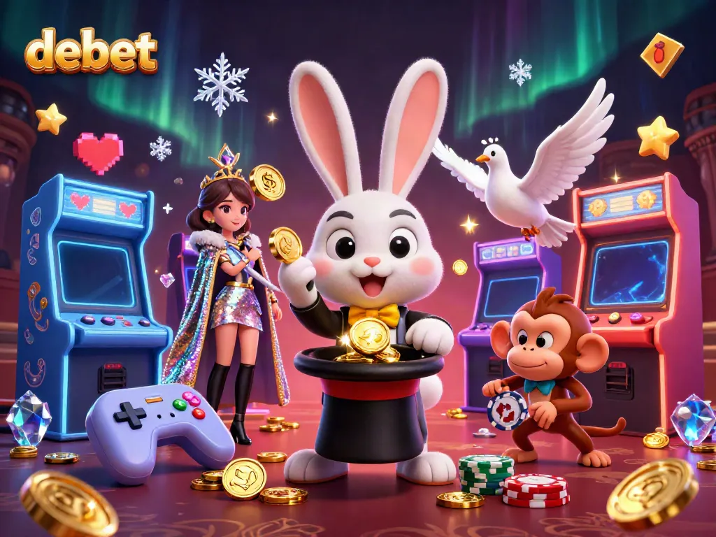 Experience the excitement of debet with a 3D illustration of a magician rabbit pulling golden coins, showcasing a vibrant casino scene.