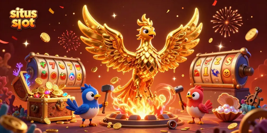 Experience the thrill of winning at situs slot with enchanting 3D illustrations showcasing golden phoenixes and vibrant slot elements.