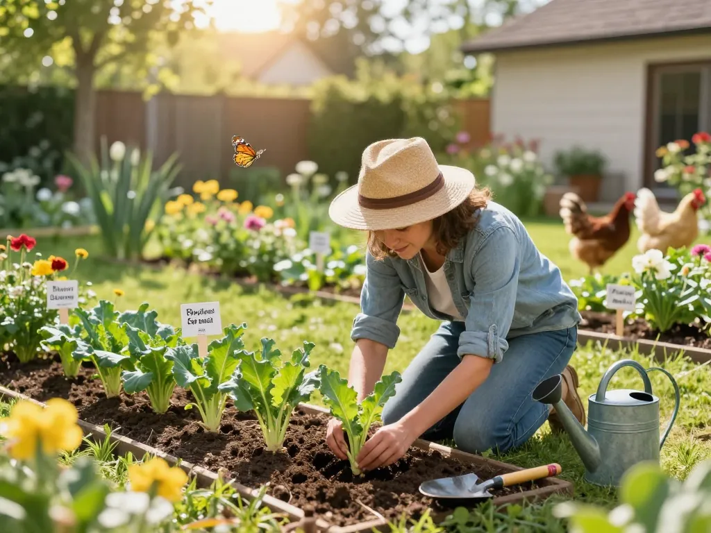 Gardener planting lauchpflanzen seedlings in a vibrant garden.